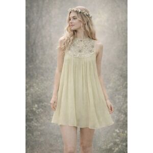 Embellished Babydoll Mini Dress Small Green Sheer Chiffon Fairy Coquette Retro